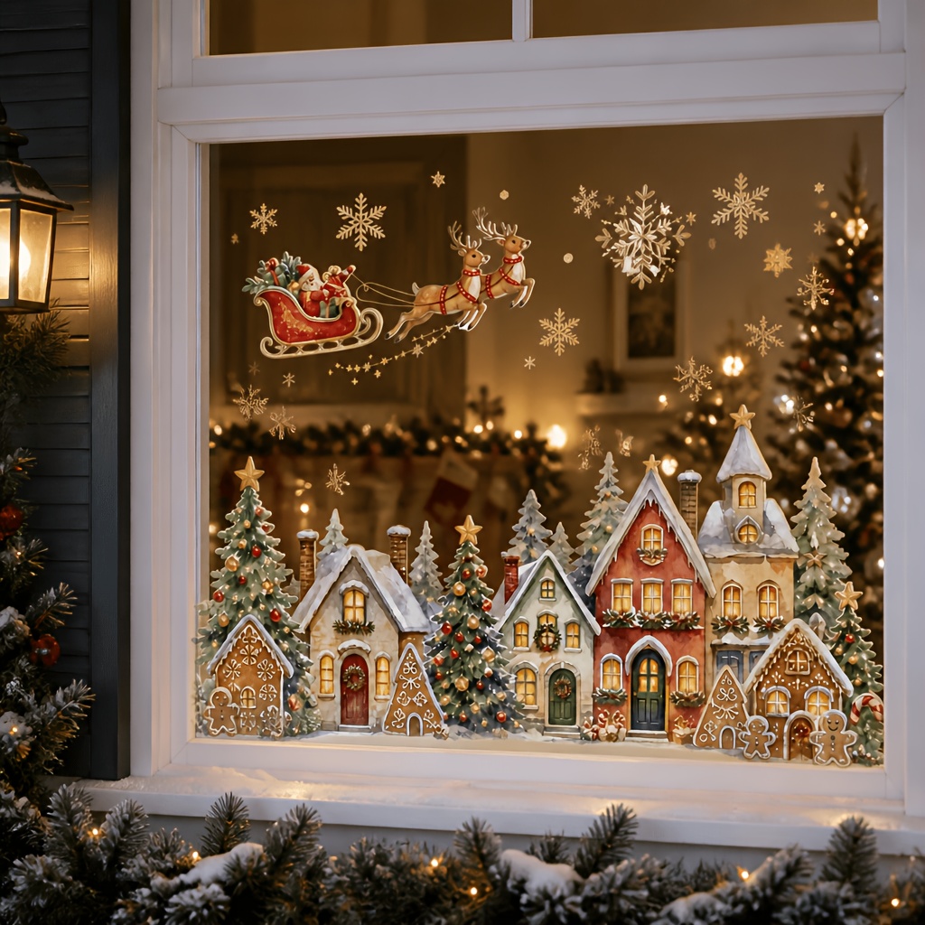 TEMU 1pc Santa Claus Sleigh Gingerbread House Town Decorative Window Sticker, Golden Snowflake Reindeer Christmas Tree Glass Decal, Removable Pvc