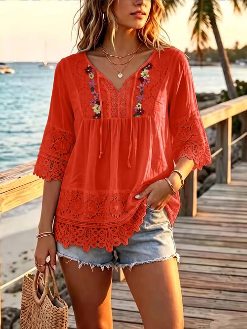 item picture spring summer womens lace floral embroidered blouse breathable exquisite and elegant ladies shirt