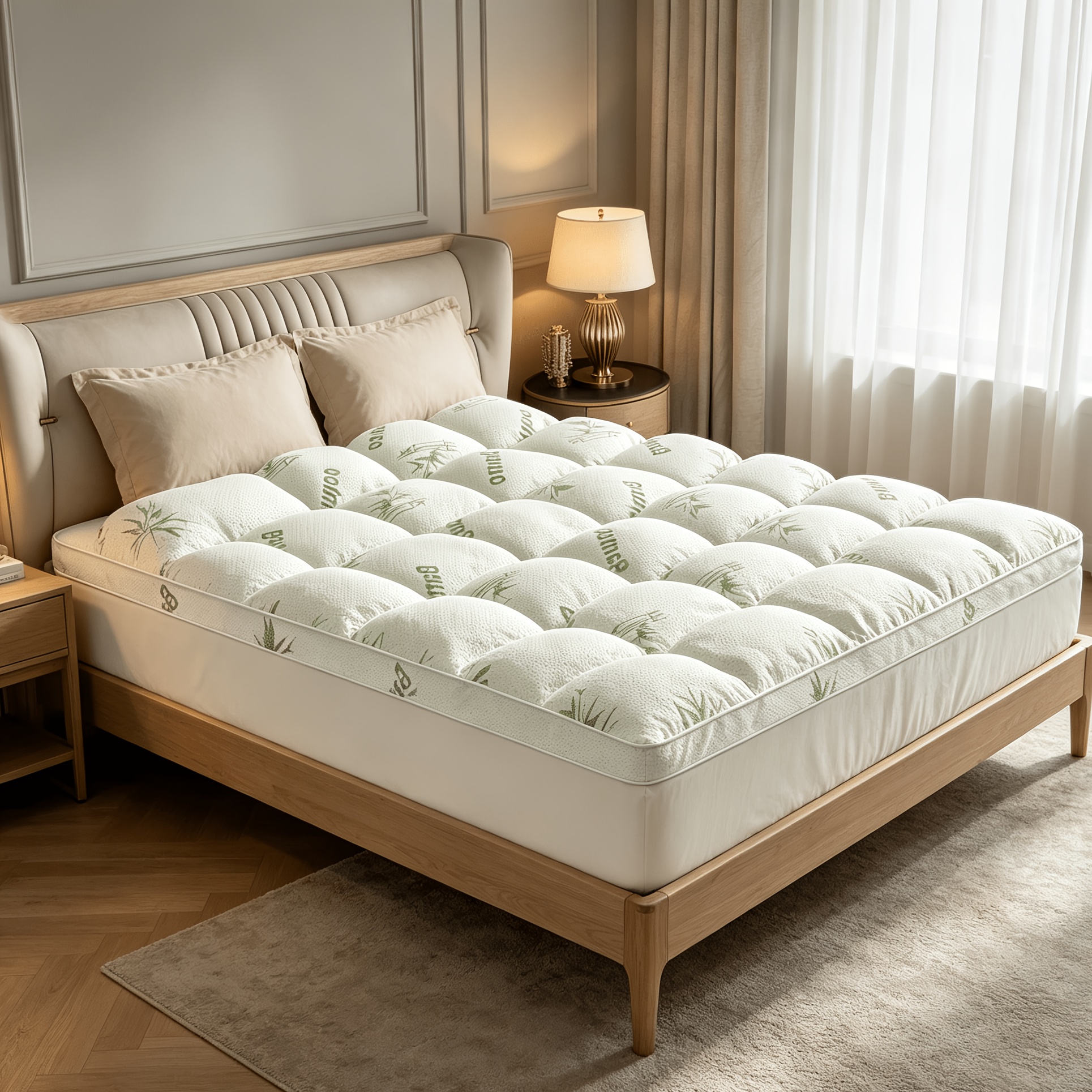 TEMU Bamboo Viscose Mattress Topper, 1000gsm Thick Plush Quilted Bed Pad, Soft Mattress Cover Protector For King Queen Size Beds