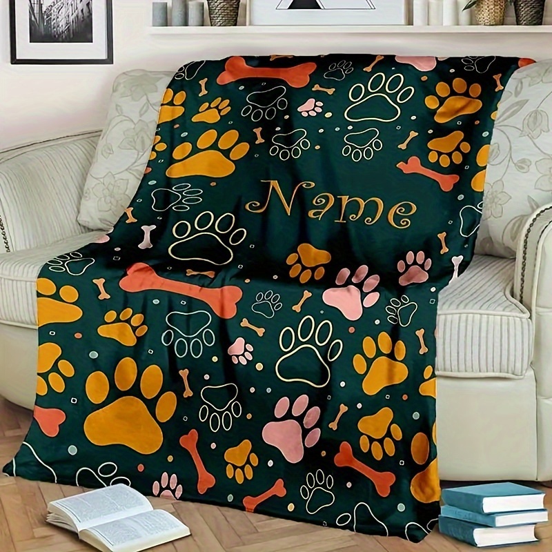 

Custom Dog Name Paw Print Flannel Blanket - Soft, Warm & For Couch, Bed, Office - Ideal Gift For Dog Lovers - Machine Washable