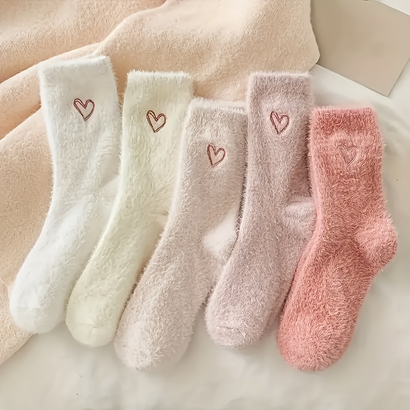 

5 Pairs Heart Pattern Socks, Cute & Sweet Fluffy Sleeping Floor Socks For Fall & Winter, Women's Stockings & Hosiery