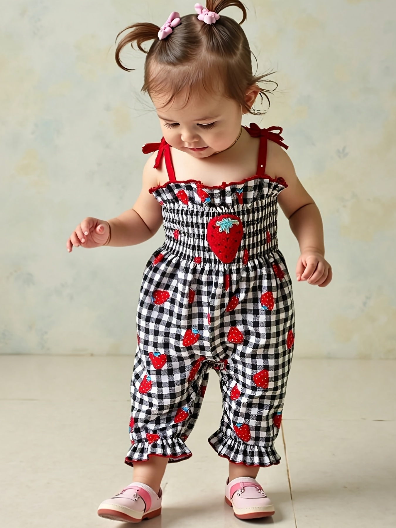 Baby Girl'S Strawberry Print Sleeveless Romper with Bow Detail Black  White Gingham Check with Red Strawberries, Lightweight Fabric Sp