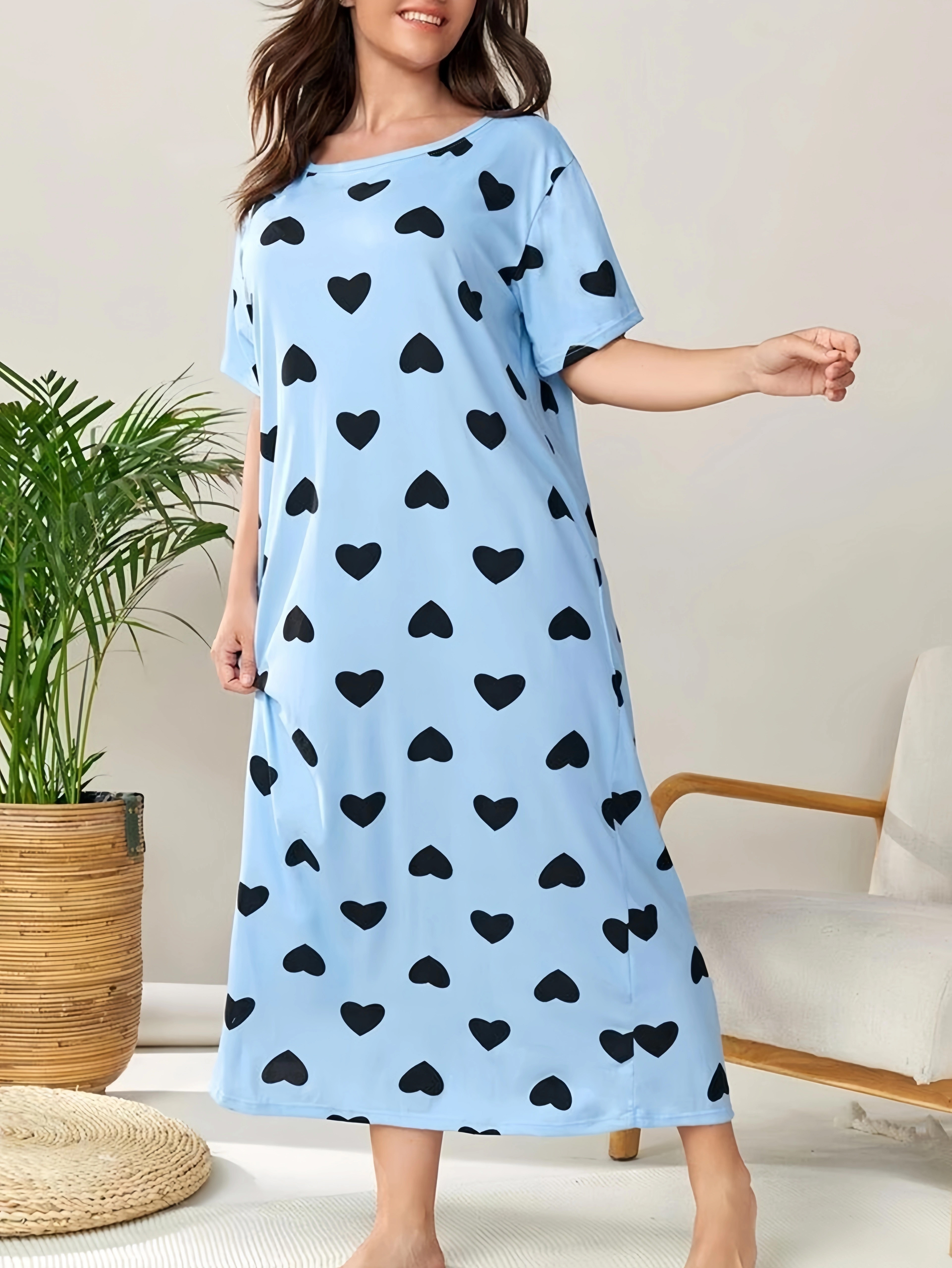 Women's Plus Casual Sleep Dress, Plus Size Heart Print Short Sleeve Crew Neck Nightdress