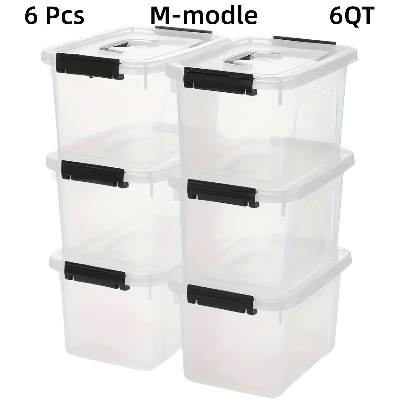 TEMU 6pcs Transparent Plastic Storage Box, Stackable Storage Container With Lock Cover And Handle, For Organizing, Books, Beads, Pantry Items, Home