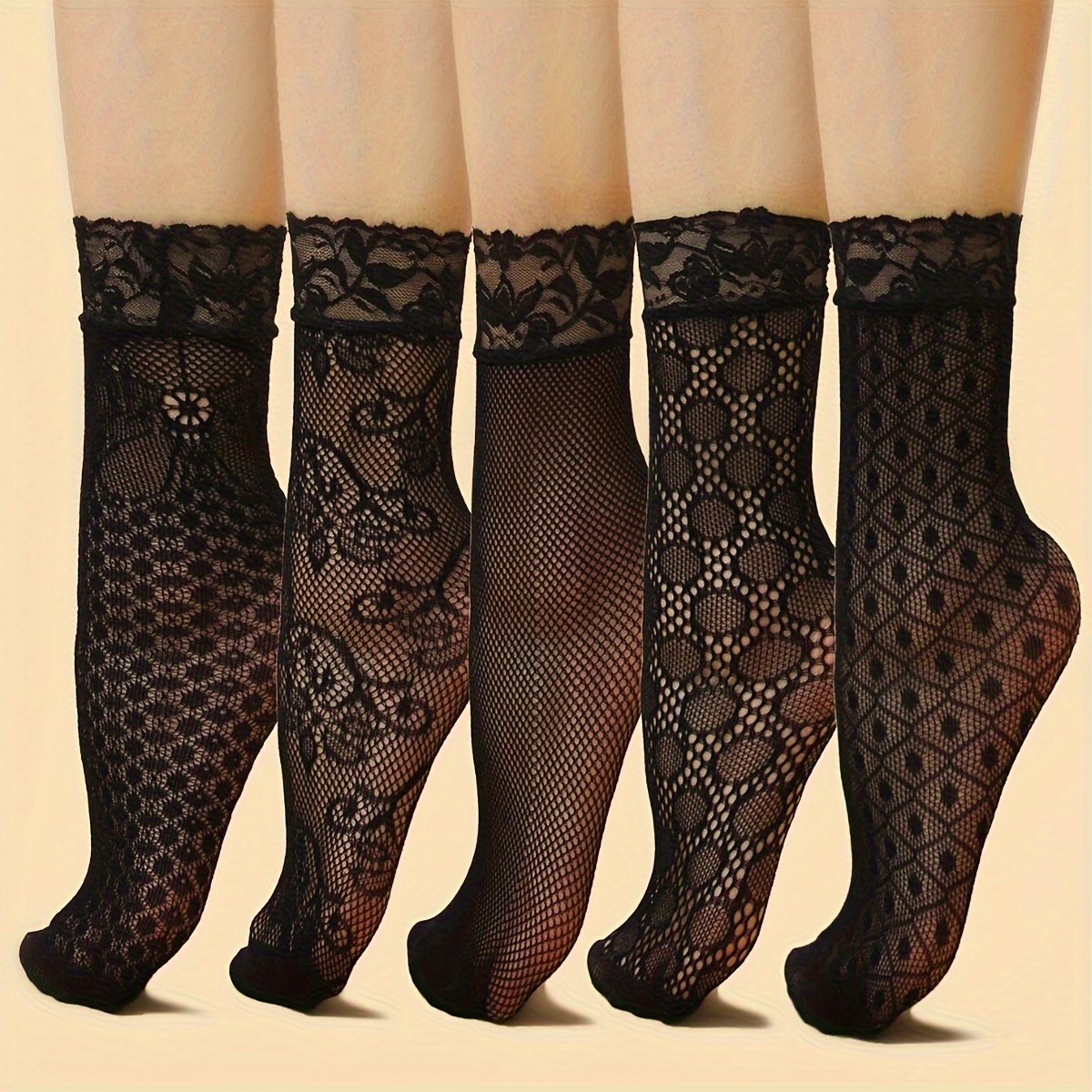 

5 Pairs Fashion Thin Floral Lace Socks, Comfy & Breathable Short Socks, Women's Stockings & Hosiery