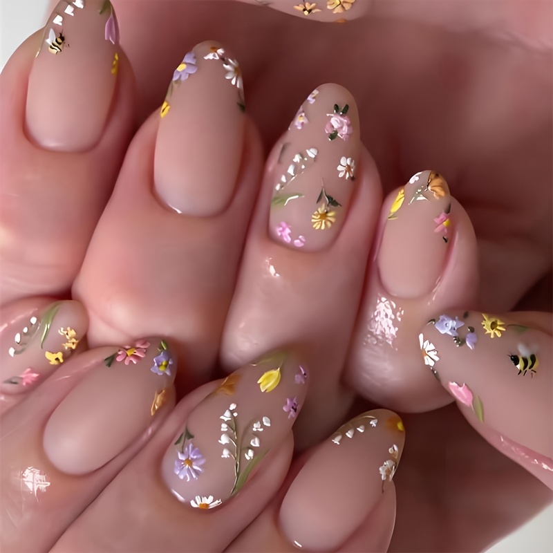 Image of 24pcs Almond Shape Press On Nails Summer Flowers Press On Nails With Small Flowers And Cute Bees Design Elegant Fashion Creative Fake Nails Suitable For Women And