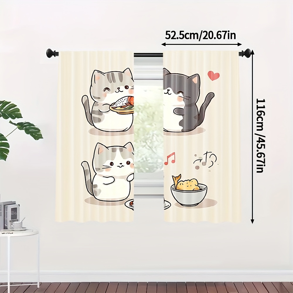 TEMU 2pcs 귀여운 고양이 셰프 커튼 - 2D 플랫 프린팅, 막대 없는 폴리에스터, 조명 필터링, 침실, 거실, 사무실 및 기숙사 장식에 완벽한 귀여운 만화 고양이 디자인, 하트 및 접시 삽화, 거실용 커튼