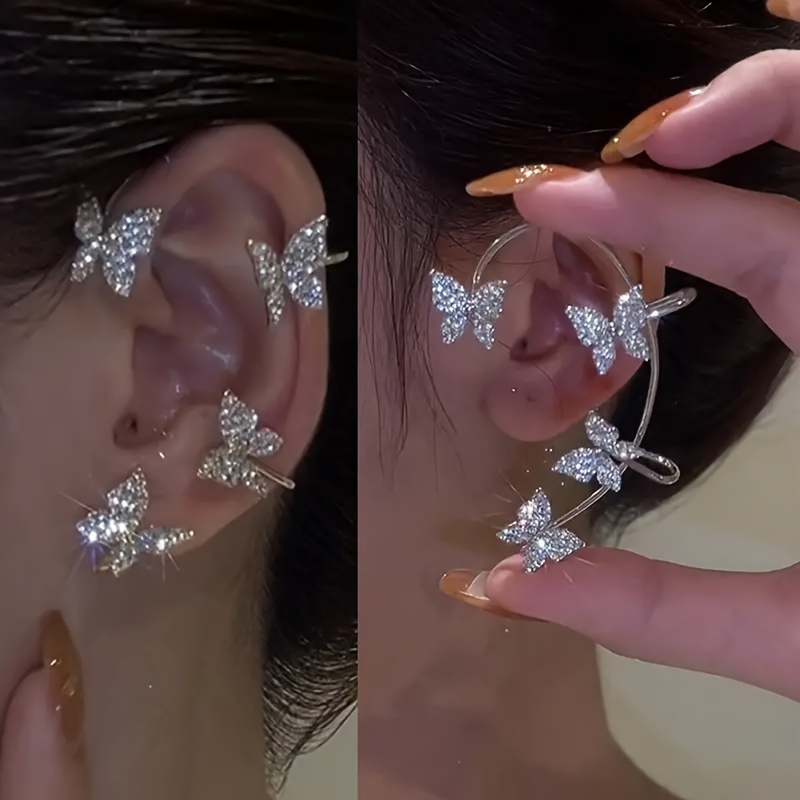 

2pcs/set Butterfly Earrings Ear Cuffs Climber Wrap Around Earrings For Women Women Fairy Right Left No Piercing Ear Clip Silver Ear Jewelry Gift