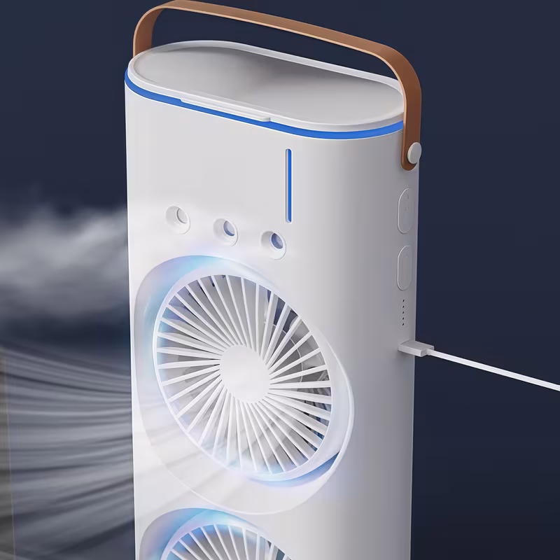 1pc type c charging dual head rotating cooling portable fan usb charging air cooler humidifying cooling spray color night light settings automatic rotation suitable for office bedroom holiday gift Product details 4