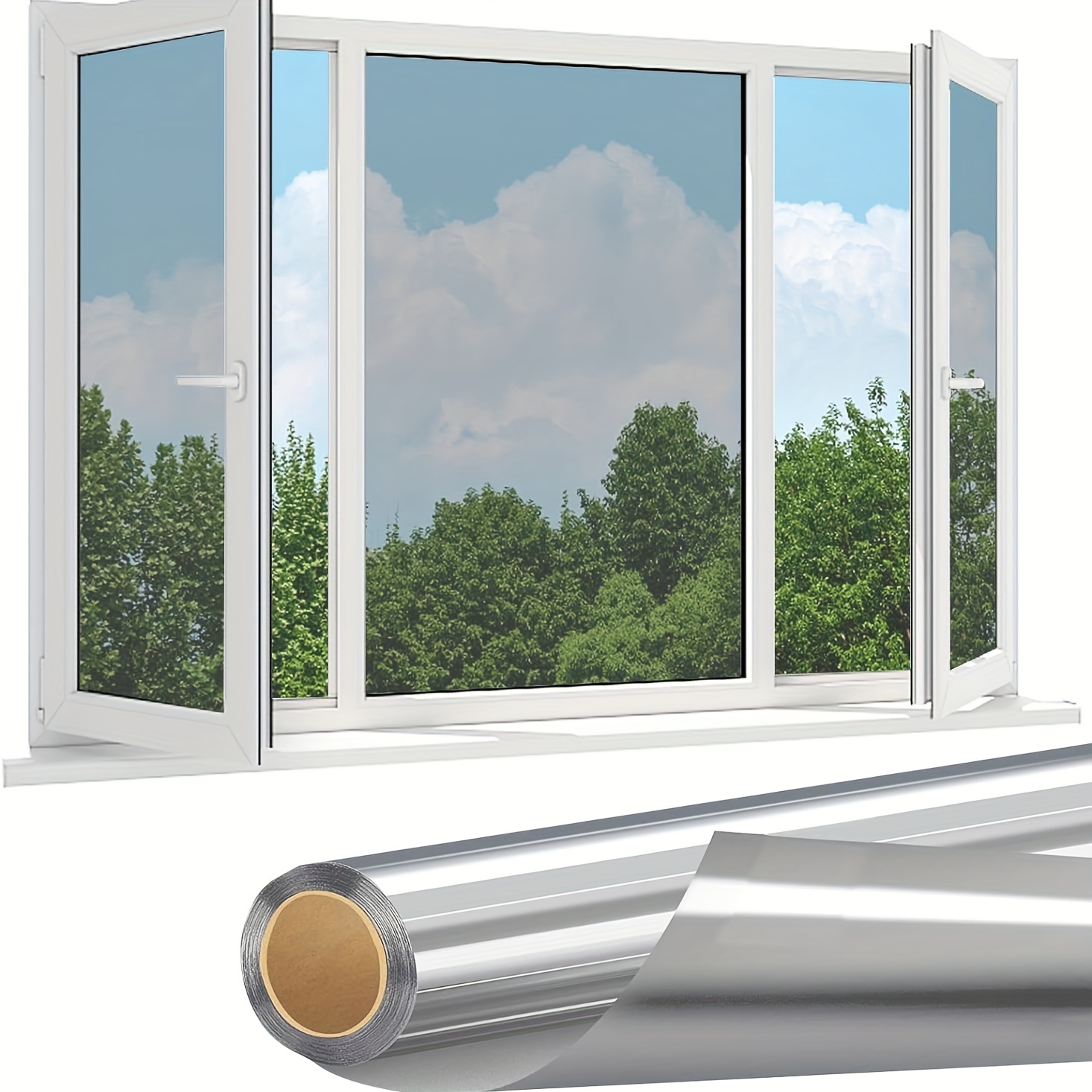 

1 Way Window Film: Mirror Reflective, Home Privacy, Sun Blocking, Uv , Static Cling, Silver, , Pet Material, 4mil Thickness