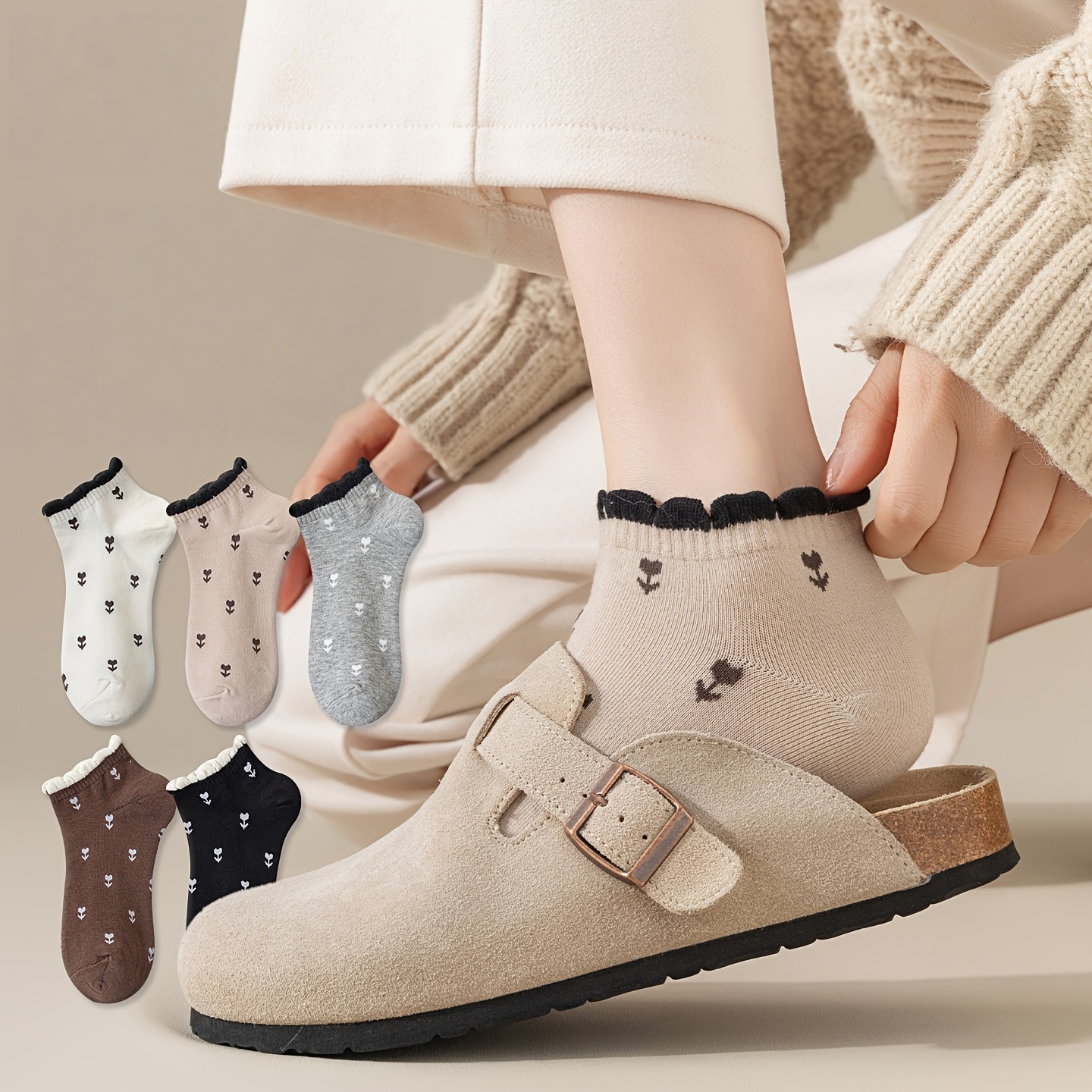TEMU 5 Pairs Women's Bias Binding Ankle Socks, Cute Tulip Heart Flower Pattern Low-cut Socks, Breathable Socks, Comfortable Soft Daily Casual Socks,