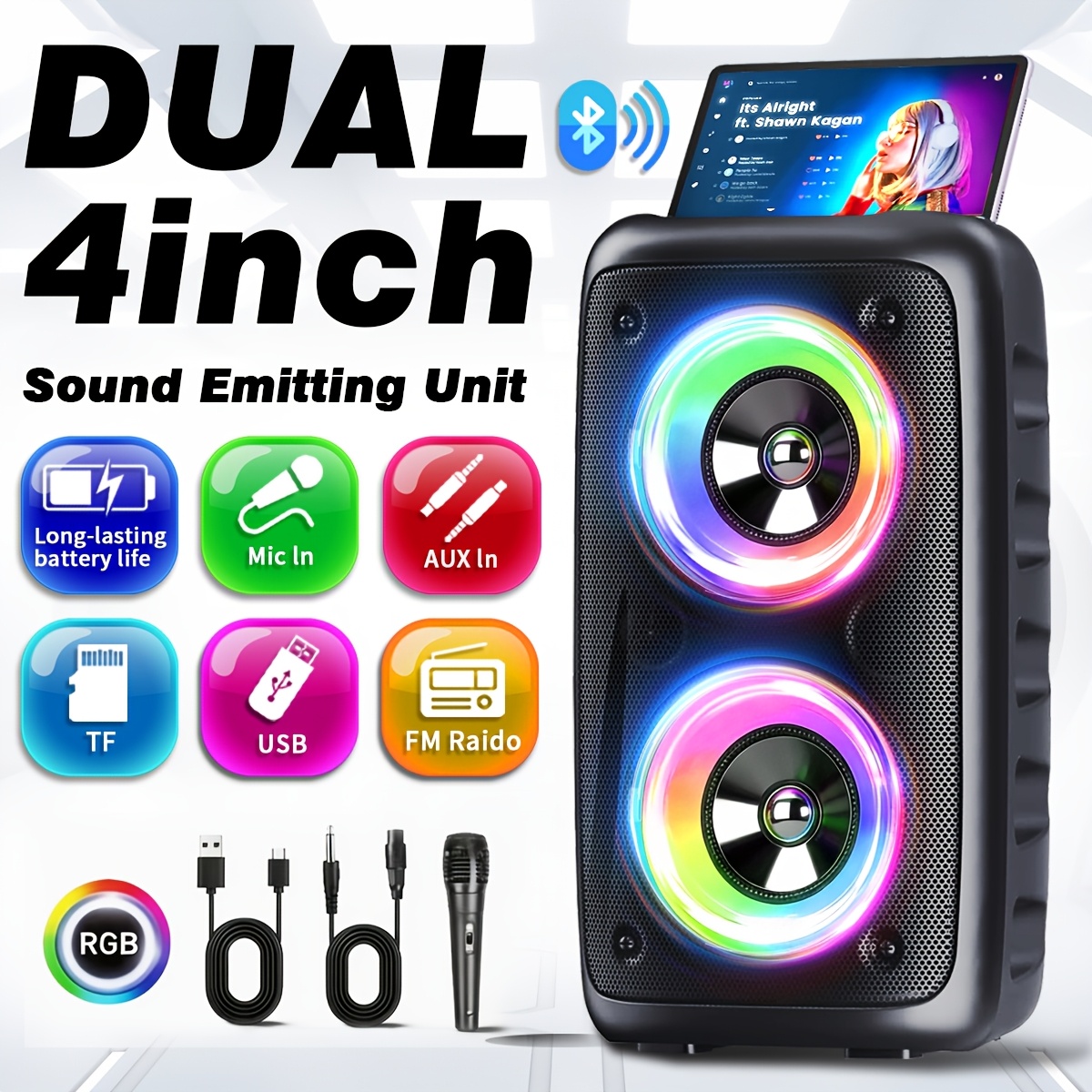 Image of Portable Wireless 5. Speaker With Microphone, Dual Subwoofers, Rgb Light Show, Tws Stereo, Fm/tf Card/type-c, Wireless Speaker For Home Outdoor Party Travel