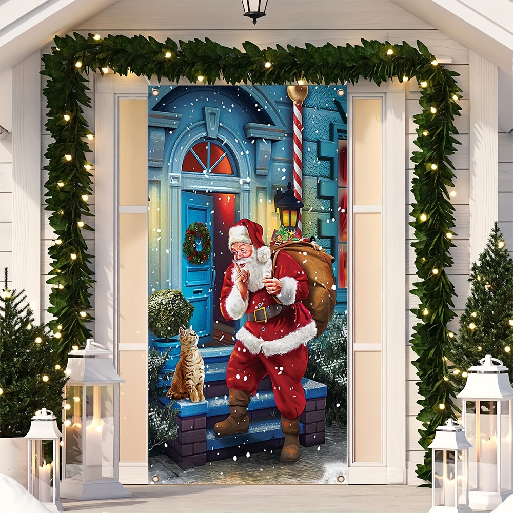 

1pc, Merry Christmas Door Cover, Polyester Santa Claus Giving Gifts Pattern Hanging Seasonal Door Banner For Christmas New Year Party Decoration Supplies (35 X 70in)