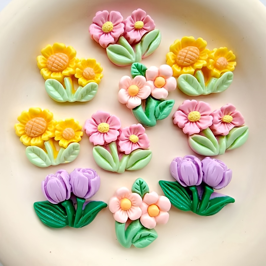 

10pcs Color Resin Flower Charms, Assorted Diy Craft Decorations For Phone Cases, Hairpins, Headbands, Gift Box Accessories