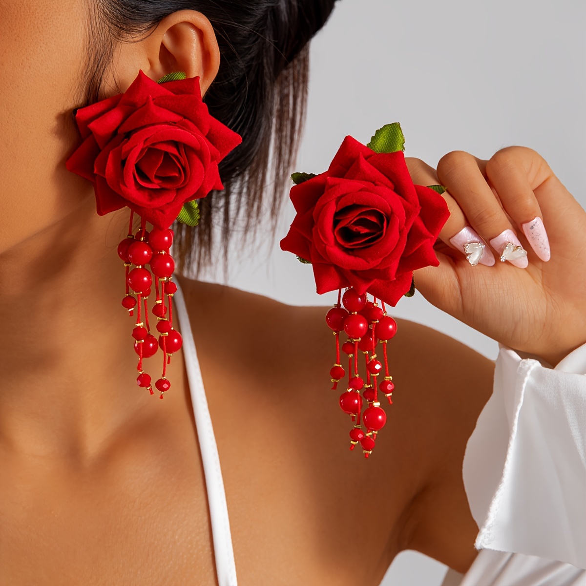 TEMU Vintage-inspired Red Rose Beaded Dangle Earrings - Polyester Fiber, Parties & Gifts