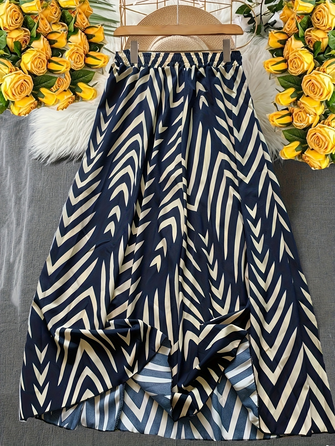 Plus Size Women'S Elastic Waist Gradient Geometric Color-* A-Line Long  Chiffon Vacation Skirt (Net Hip *)