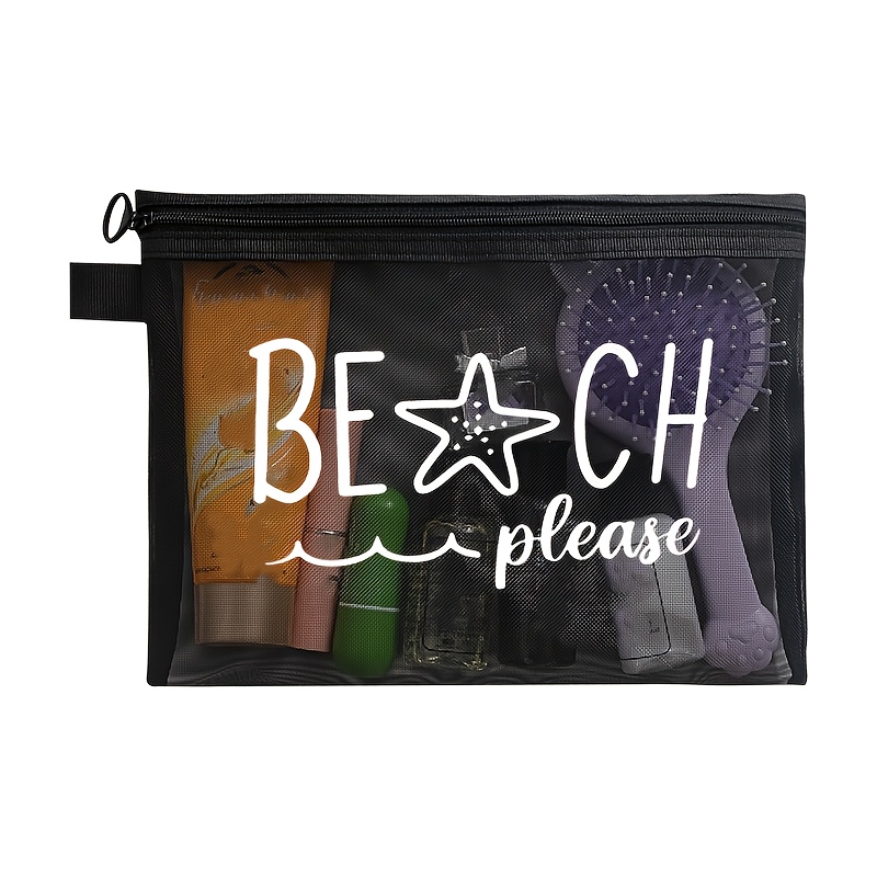 E-shop Eine geräumige Kulturbeuteltasche aus Mesh im lässigen Stil mit einem Strand-Thema, mit dem "Beach". Sie ist für Reisen, dient als