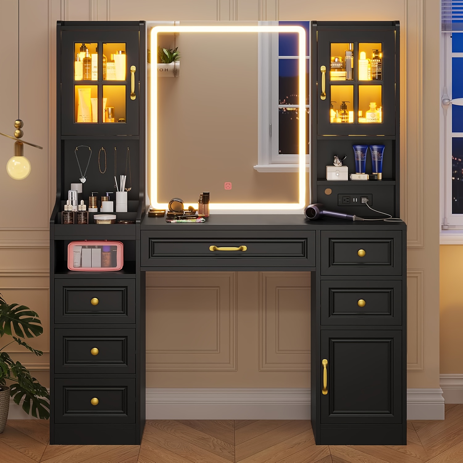 

Vanity Desk With Touch And Lights & Charging Station, Makeup Vanity With Cabinets And Drawers, 5 Jewelry Hooks, With Lighted Mirror, Black