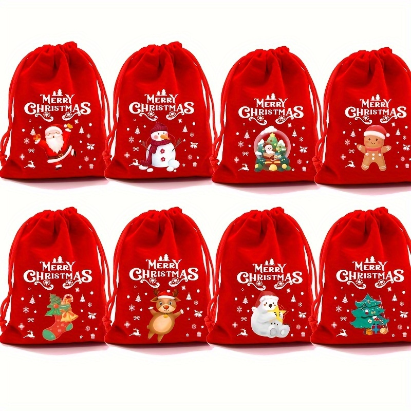 8pcs-christmas Candy Gift Bag: Drawstring Style Santa Gift, Convenient For Packaging And Carrying, Small Size, Very Suitable For New Year And Christmas Gifts - Made Of Polyester