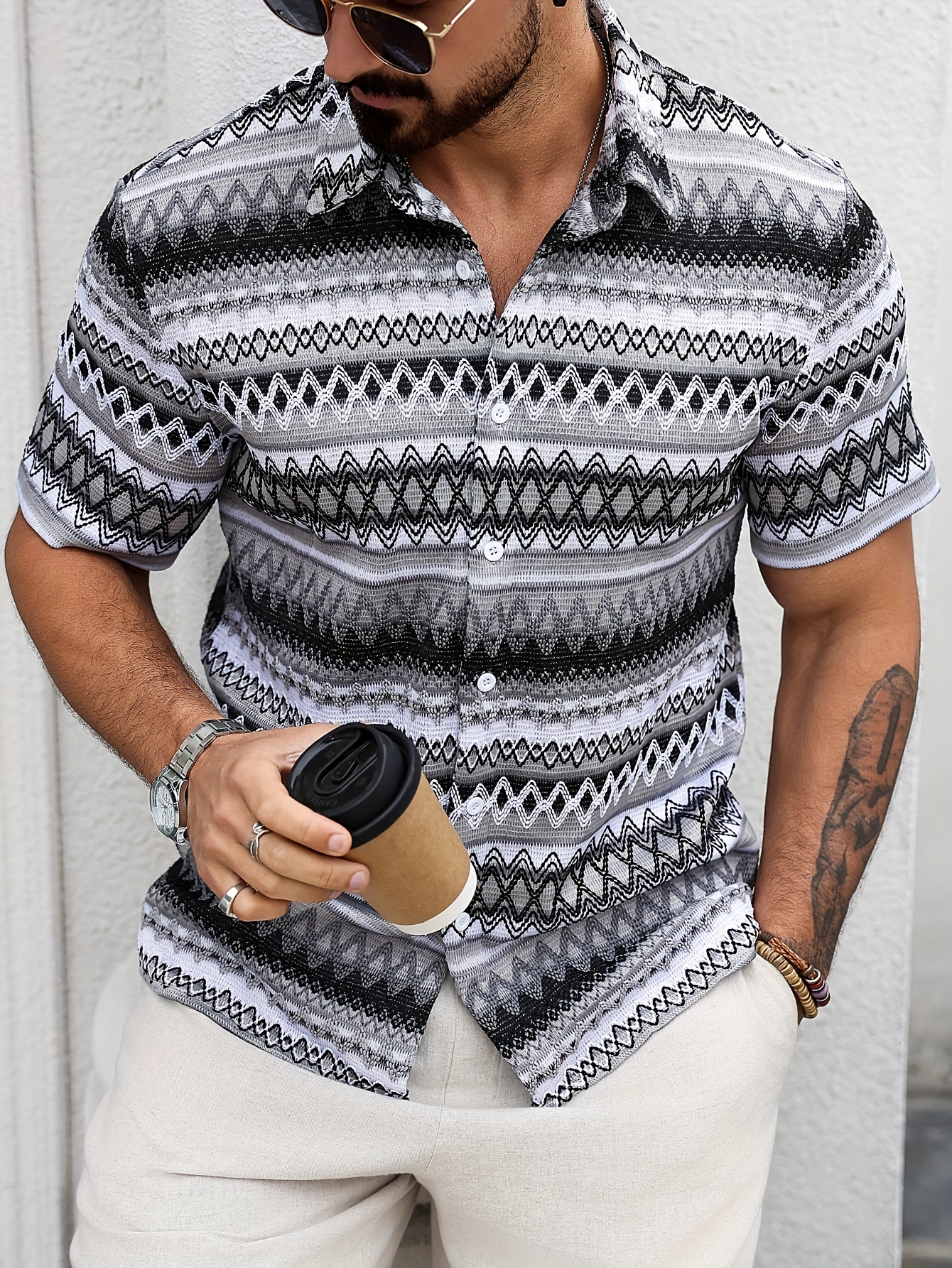 シャツ HUECLOSET Bohemian Mix Short Sleeve Shirt 25KERO430 men's bohemian crochet short sleeve shirt vibrant geometric