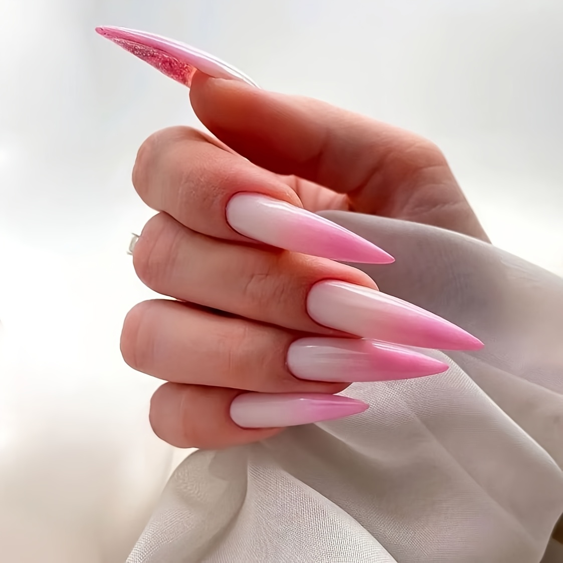 Image of 24pcs Female Gentle Temperament Style Milky White Pink Tip Fake Nails Long Tip Gentle Gradient Temperament Nail Wear Nail