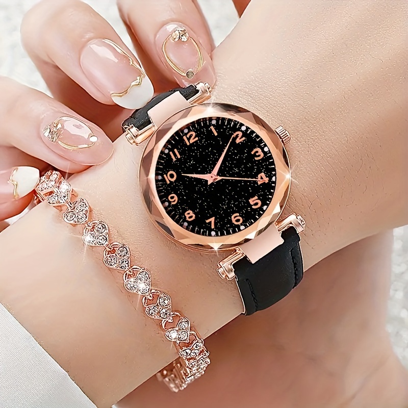 

Quartz Watches For Women Pu Leather Wrist Watch Alloy Pointer Rhinestone Bracelet Great Gift For Girlfriend Gifts For Eid