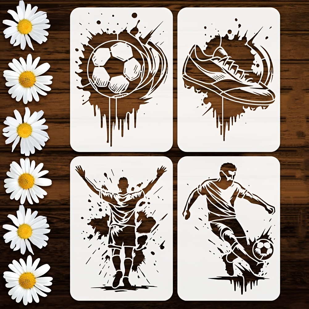 Image of 4-style Graffiti Football Templates With Athlete & Shoe Designs - 11.7x8.3 Inch Pet Sports Stencils Suitable For Floors, Walls, Tiles, Fabrics Diy - Football Field & Player Decals