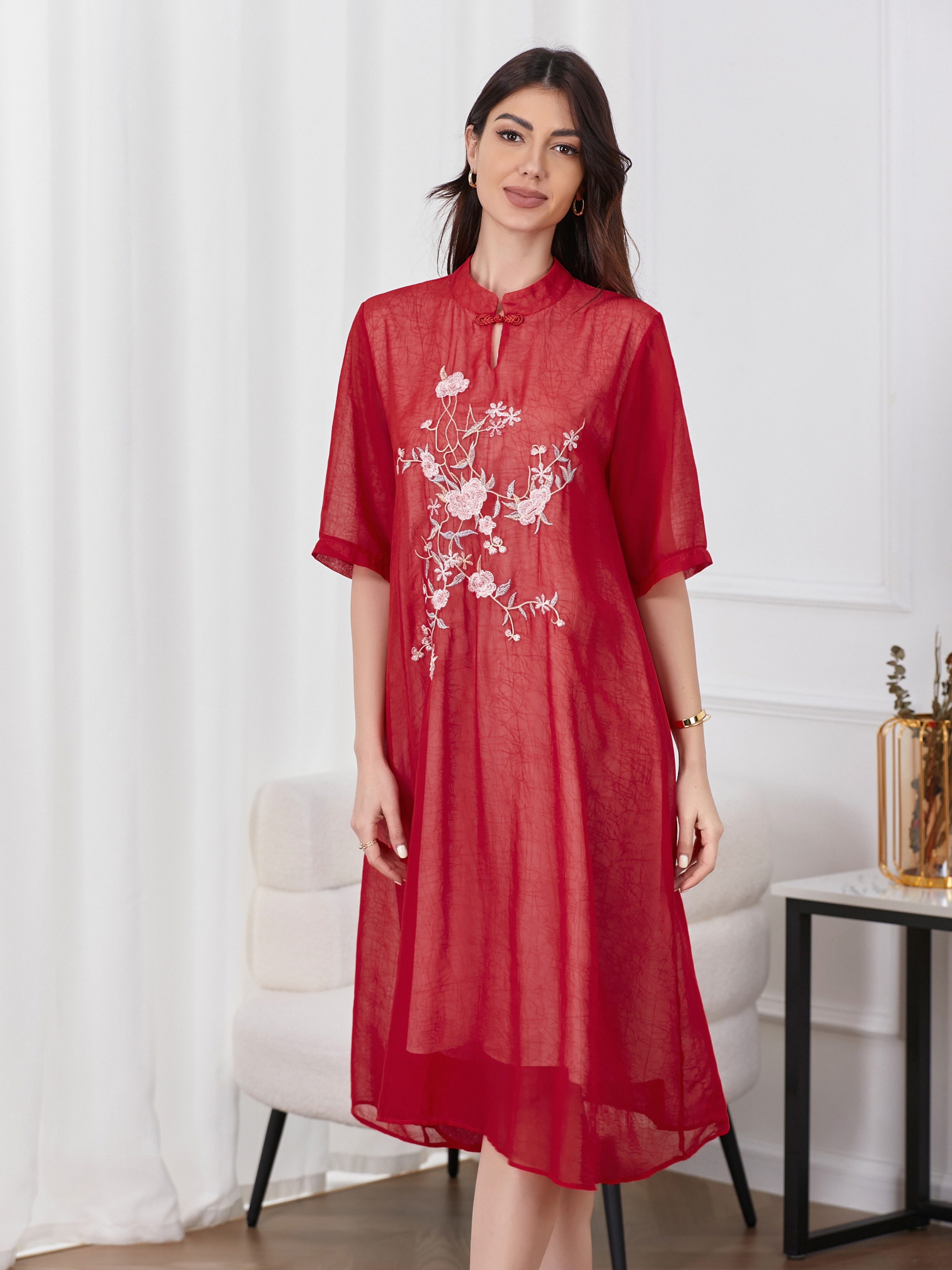 Women's Floral Embroidered Vintage Elegant A-Line Dress Vibrant Red with  White Floral Embroidery Collar, Machine Washable, Spring Summer Fall