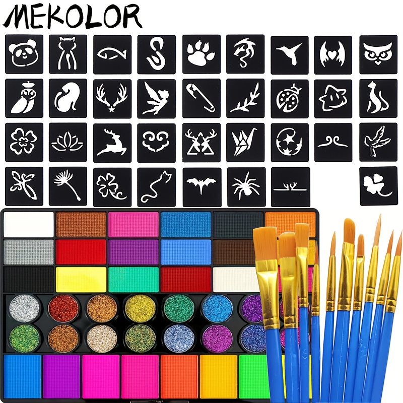   42-  & Body Painting Set with 10 Brushes & Stencils - Water-Soluble Non-Toxic Paints, Sparkling Sequin Effects, Vibrant Colors for Halloween, Prom, Costume Parties, Carnivals - Professional & DIY Face Makeup Kit, Party Decorations, Festival  