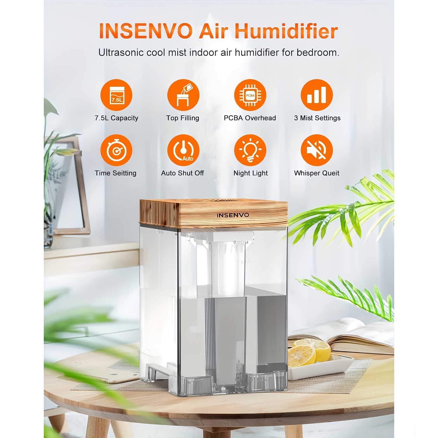 

1pc Ultrasonic Air Humidifier, 7l Capacity, Quiet With 3 Mist Settings, Timer, Night Light, And Auto Shut-off, 110v-130v Us Plug, 6.1-10l , 280ml/h To 110ml/h Mist