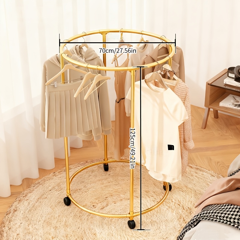 TEMU Round 360-degree Rotating Clothes Rack With Wheels, Made Of Metal, Freestanding Design, Suitable For Living Rooms, Bedrooms, , And Other Spaces.