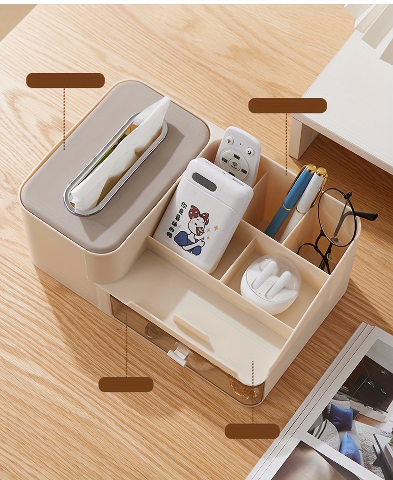 1pc desktop multifunctional tissue storage box mobile phone holder cosmetic storage rack pen glasses remote control holder drawer   counter storage rack bedroom living room organizer grid classification storage box Product details 1