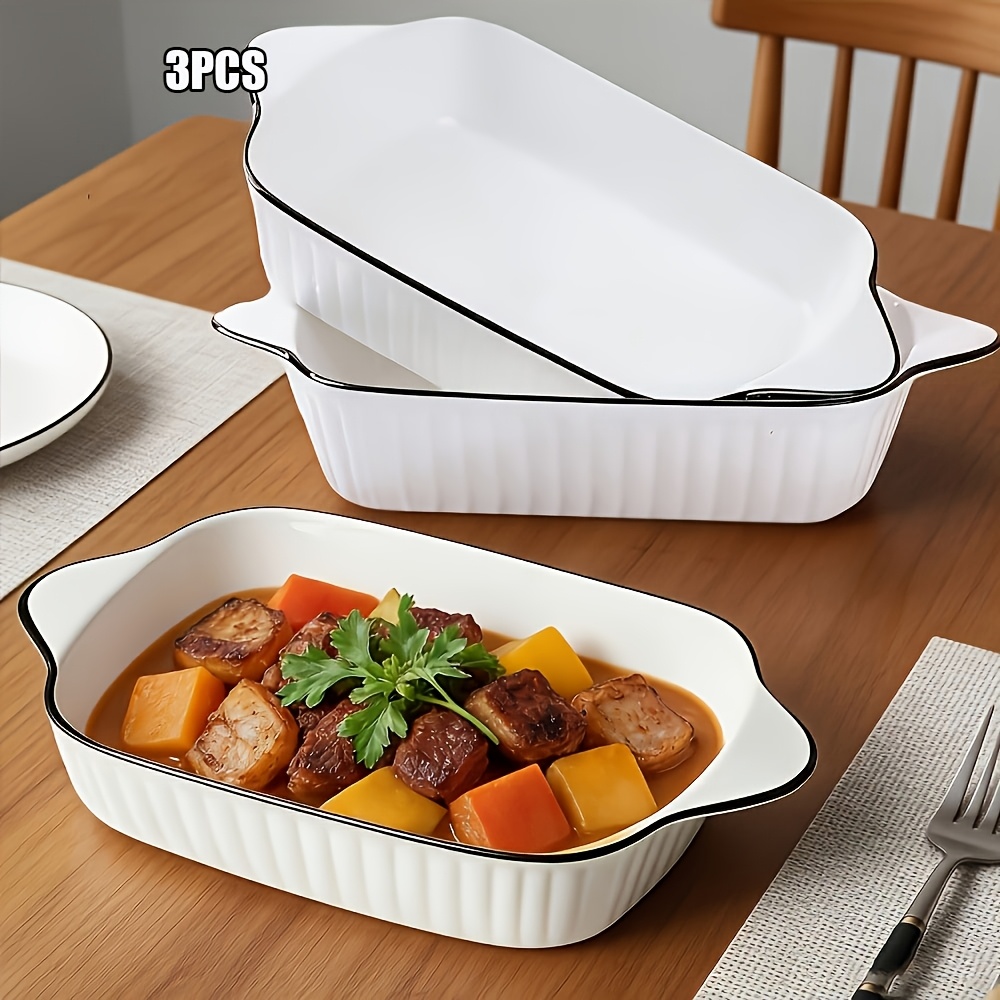 TEMU 3pcs Ceramic Baking Dish, Stackable Rectangular Bakeware With Handles, For Kitchen, Oven Safe & Microwave Safe, White, Christmas Gifts, 10 To