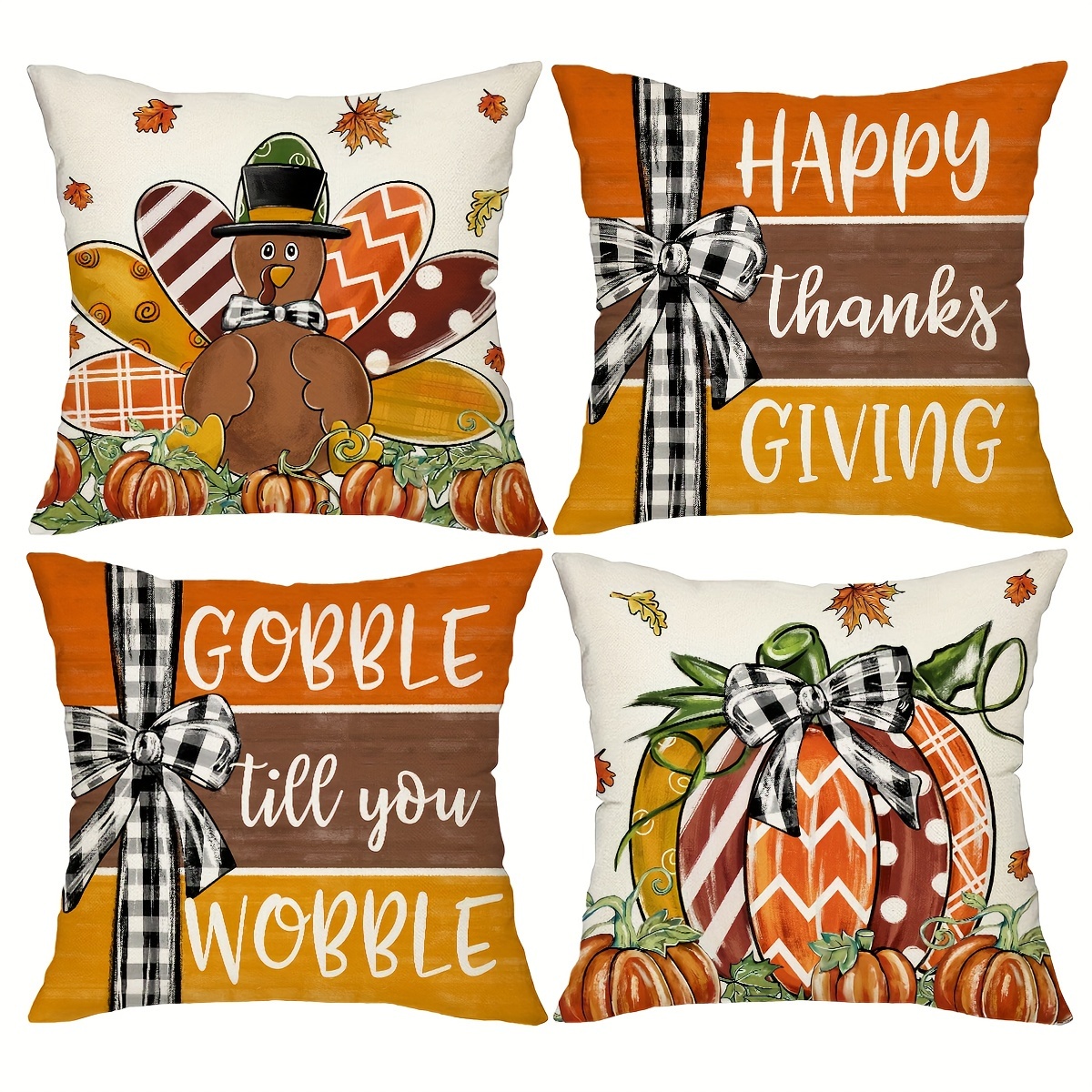 

4pcs Thanksgiving Throw Pillow Cover Set - 18"x18" Polyester Cases With Fall Pumpkin & Turkey Designs, Farmhouse Style Home & Outdoor Decor, Zip Closure, Hand Wash Only