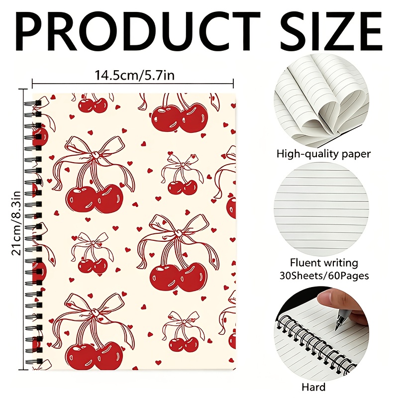 TEMU 1 Cherry Spiral Lined Notebook, With A Total Of 60 Pages, Coil Binding, Cherry And Heart Pattern, Suitable For School And Office Use, A Perfect