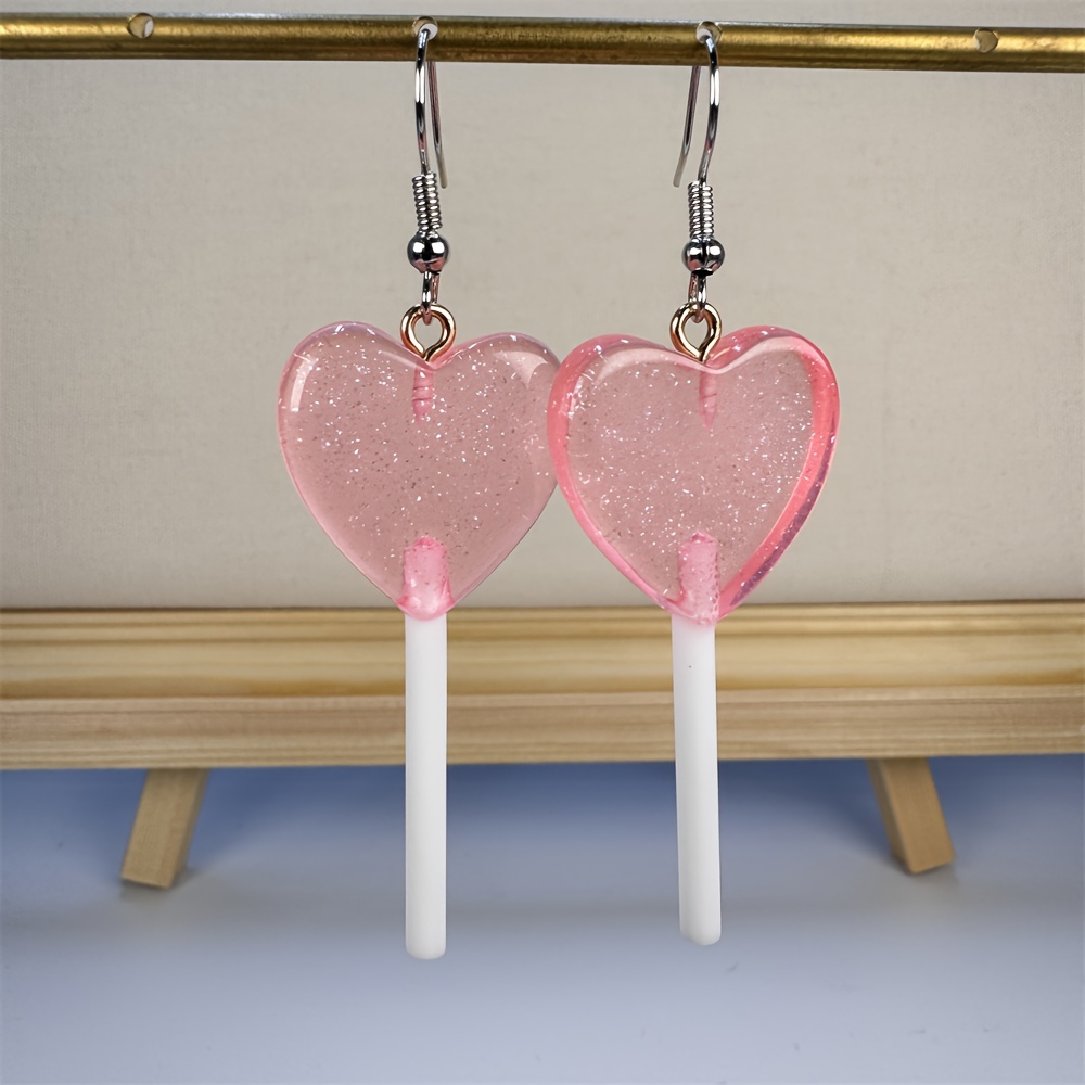 candy color heart shape lollipop dangle earrings   resin jewelry valentines day gift for lovers details 2