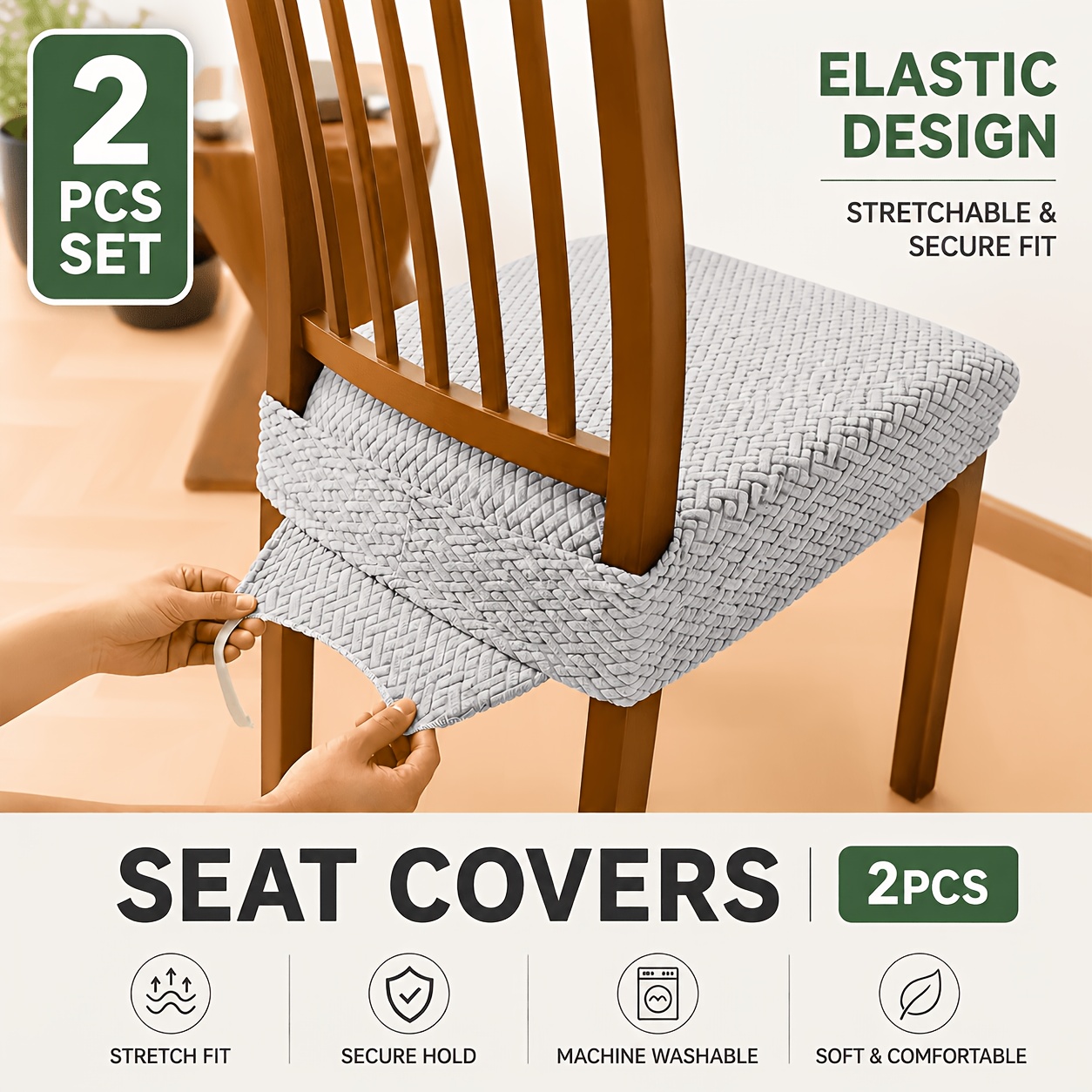 TEMU 2 piezas Antideslizantes con Lengüeta y Hebilla, a Rayas y Cuadros, de Asiento Elástica , Juego de Cojines Jacquard Elásticos, para Silla,