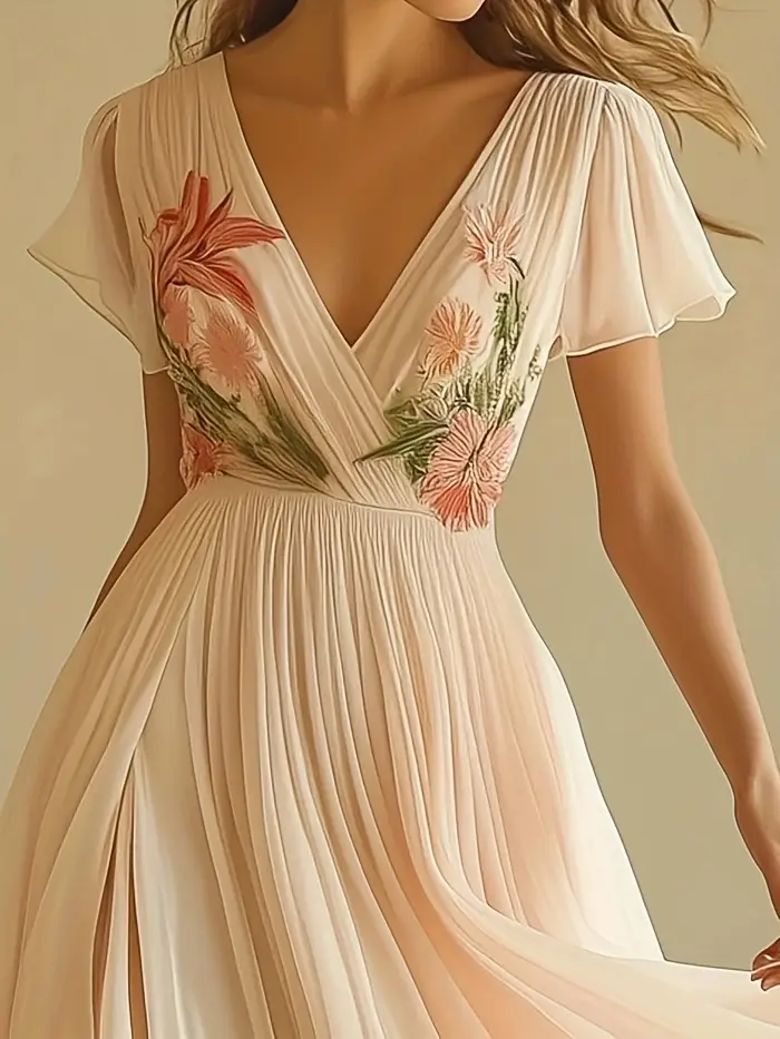 womens elegant floral print v neck maxi dress flowy a line formal casual gown soft pattern lightweight summer wedding party vacation outfit elegant evening dresses for women dresses for wedding guest vacation wear shimmering texture stylish women material adult women Product details 1