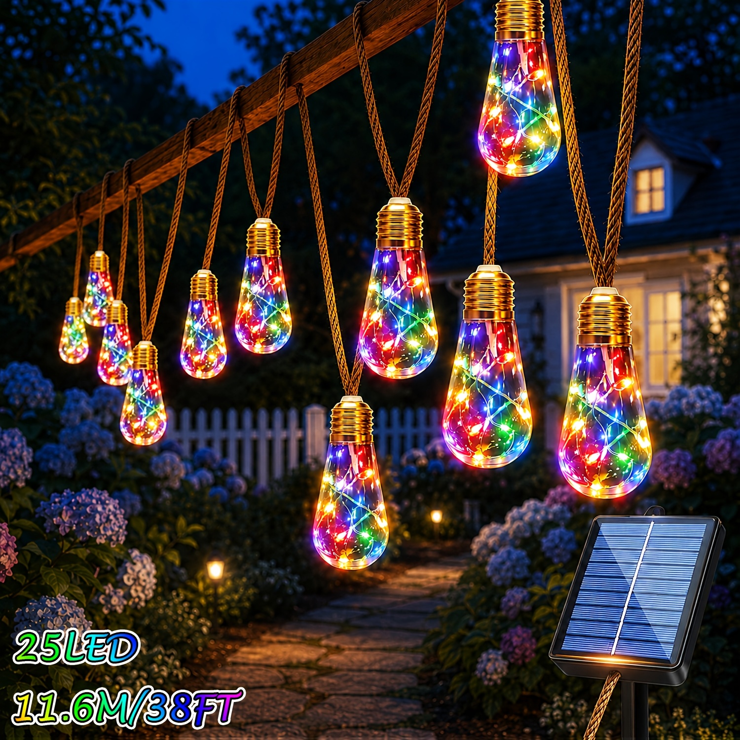 TEMU 25led 16led 10led Solar Light String Outdoor, 8modesled Solar Retro String Light, Ip44 Solar Dance Table Lamp, Suitable For Stage, Band,