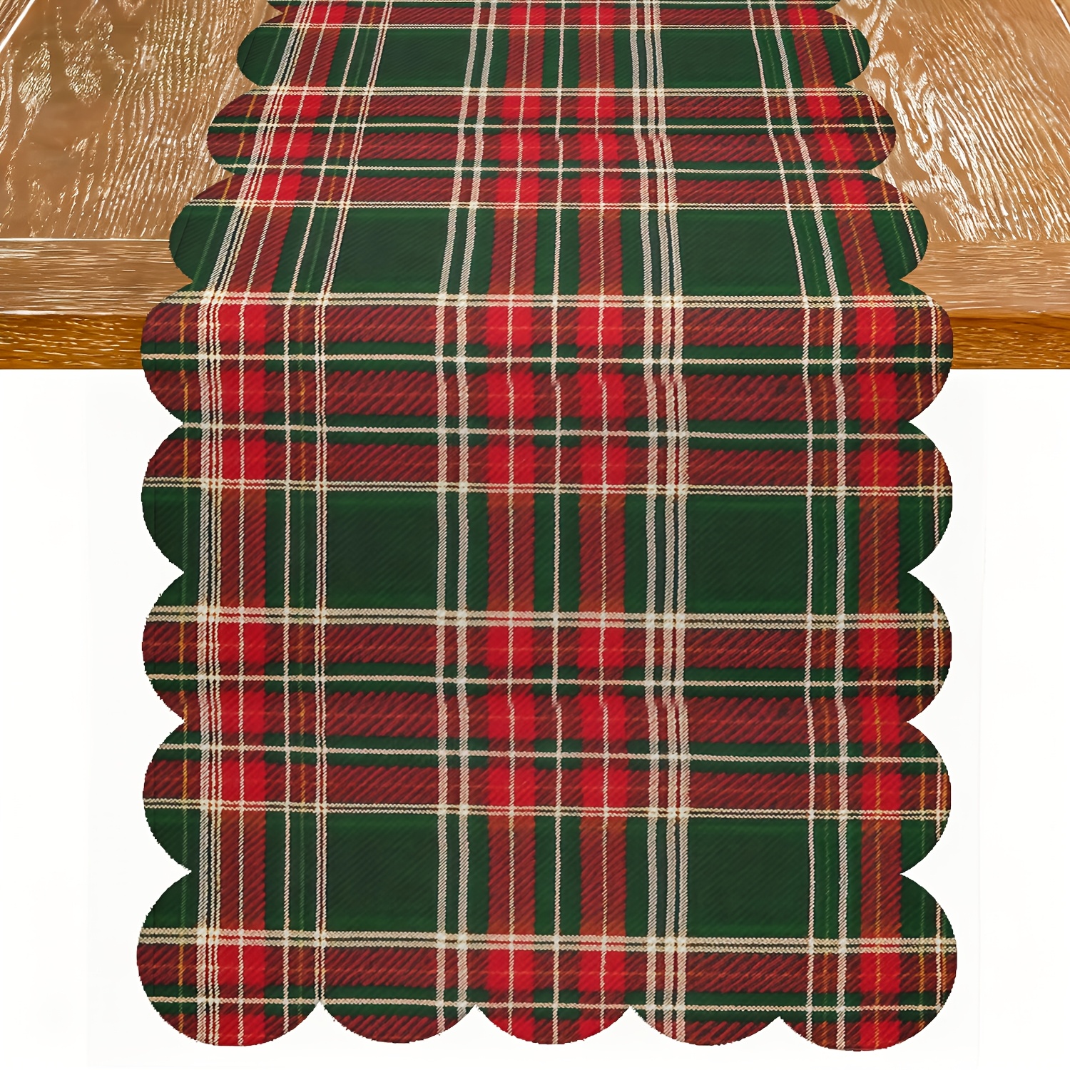 TEMU 1pc Scottish Tartan Table Runner Suitable For Xmas Party, Linen Farmhouse Table Scarf With Scalloped Edge, Square Holiday Decor For Christmas