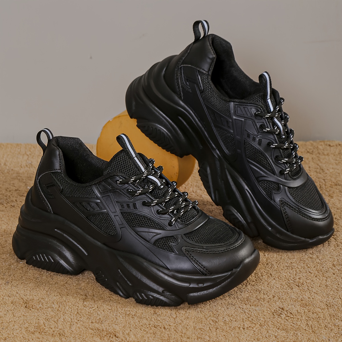 black mesh thick soled running sports shoes lace outdoor Temu United Kingdom