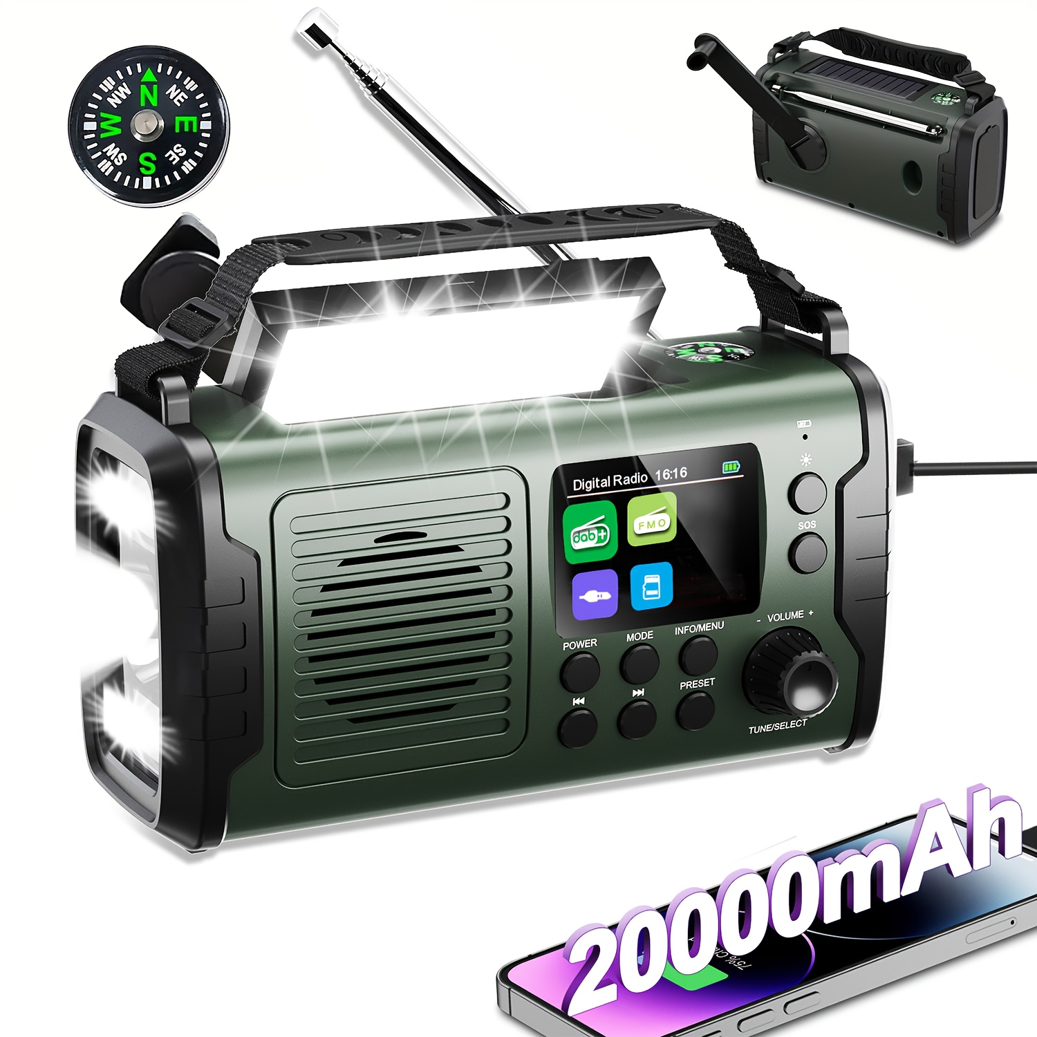 E-shop 20000mAh Kurbelradio mit Wireless, Notfallradio DAB Plus Kurbel Solar, Radio DAB Plus Wireless, Solarradio, DAB/FM Notfall Solarradio mit