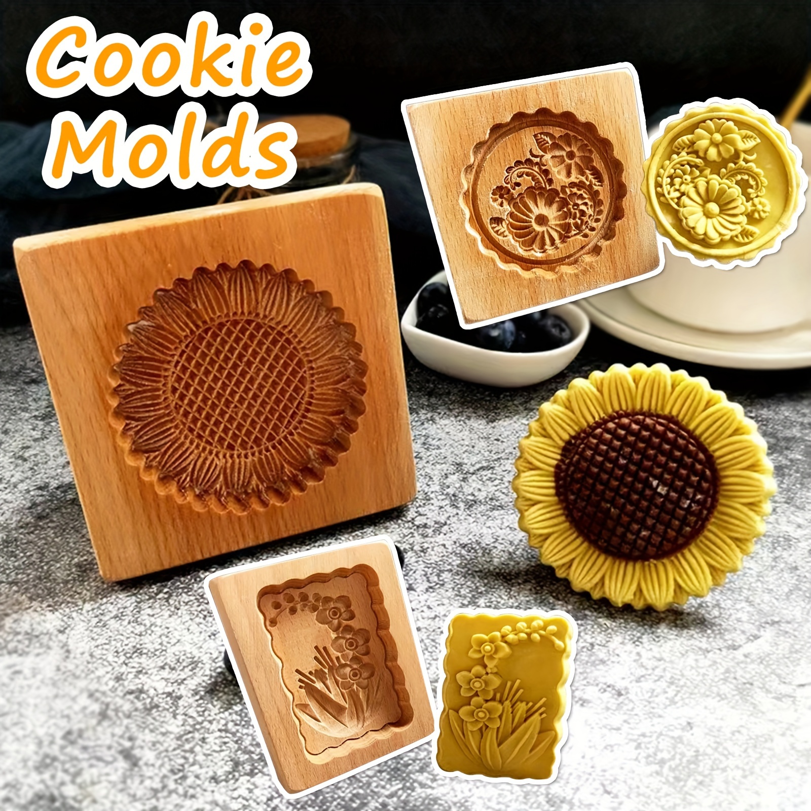 

Sunflower, Orchid, Round Ball Flower Wooden Cookie Stamps - Christmas, Halloween, Valentine's Day Holiday Baking Molds By Cippes