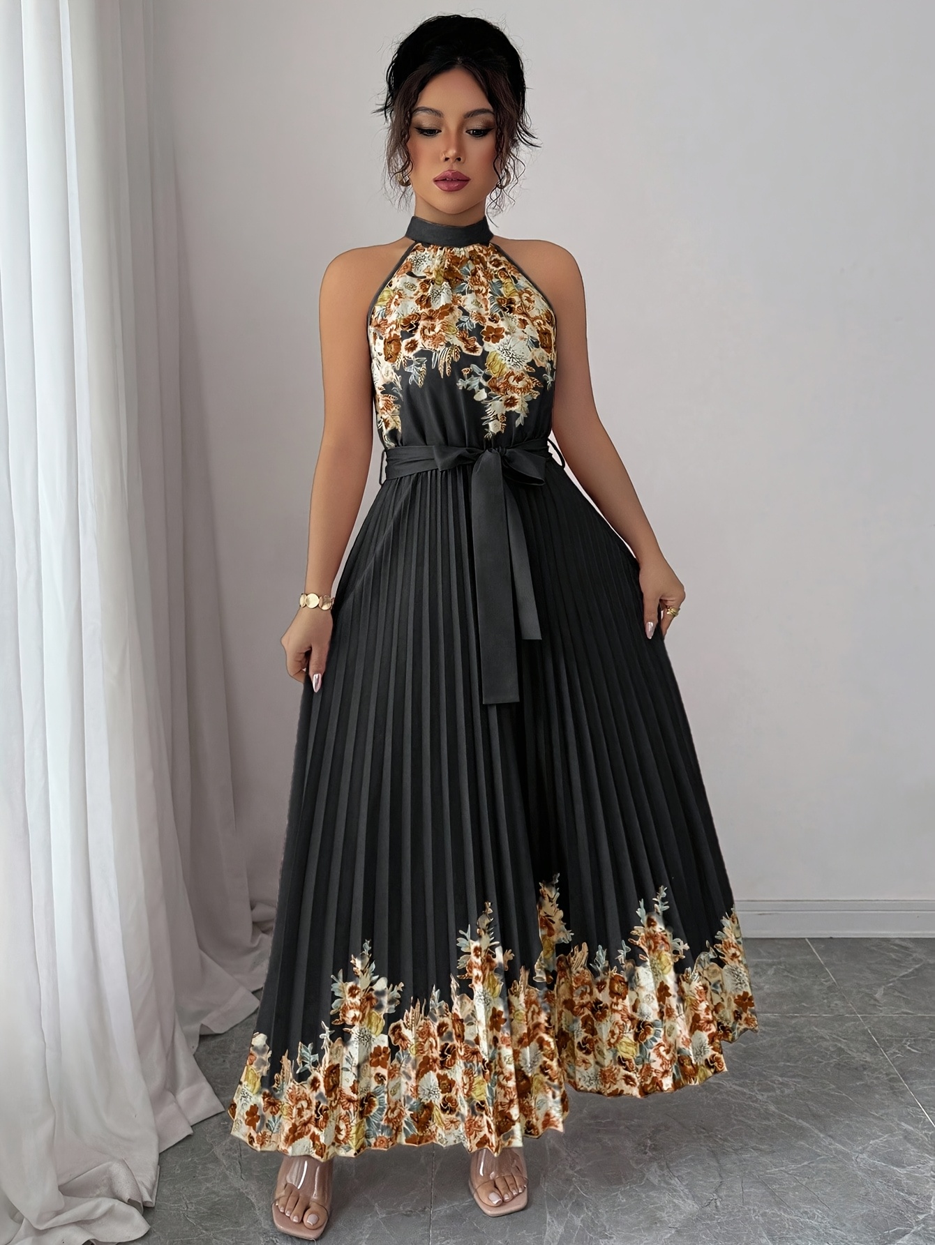 Fashionable New Women'S Summer Halter Floral Print Pleated Dress
