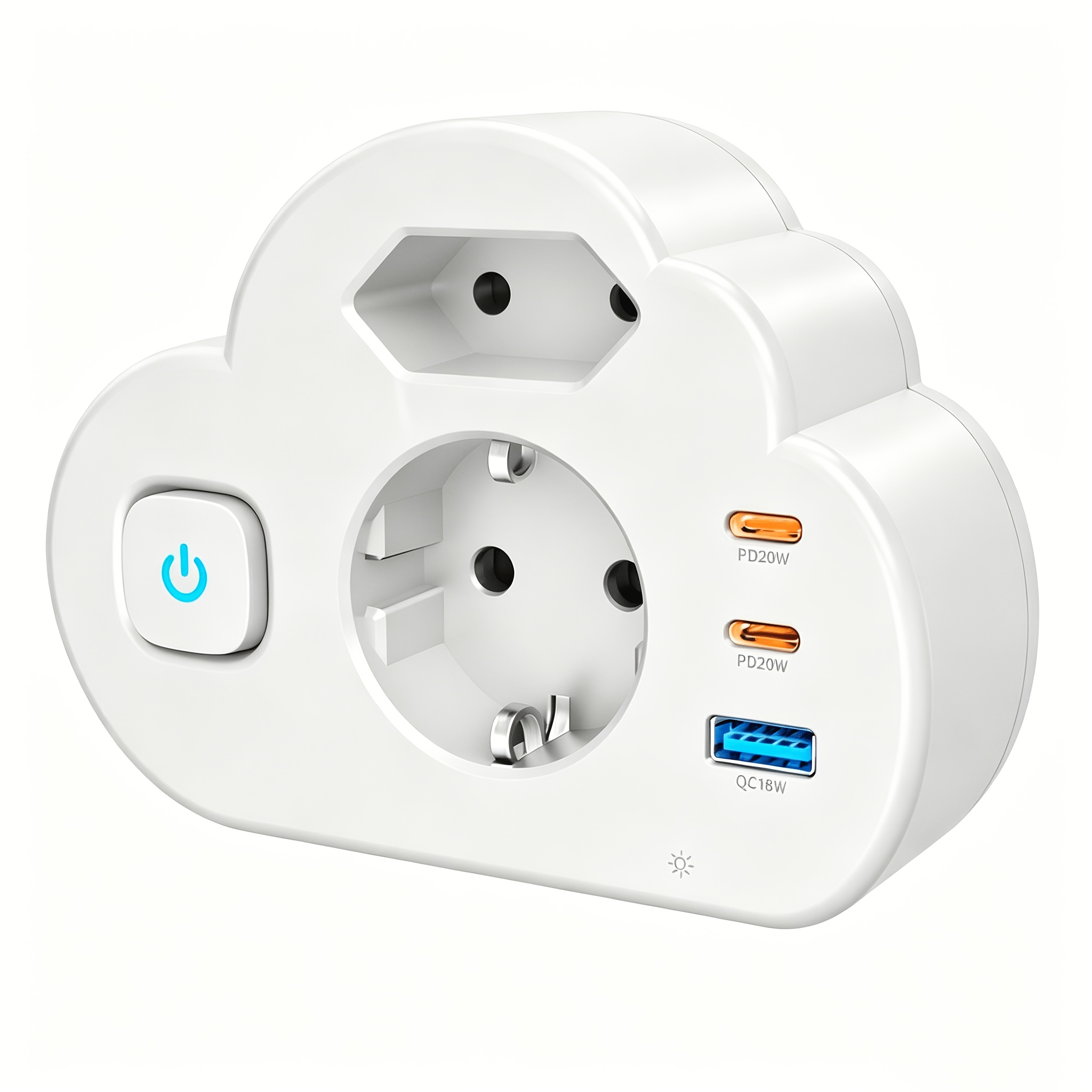 Image of Cloud-shaped Eu Power Adapter, 6-in-1 Or With Power Switch, 3/2 Ac Outlets, 2 Usb-c Pd20w & 1 Usb-a Qc18w, Built-in Night Light, Compact Multi-socket Extender For Bedroom, Office And Dorm