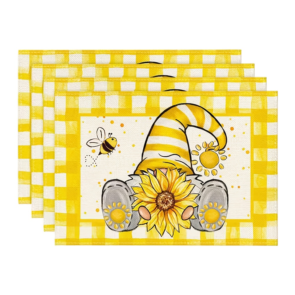 

4pcs Yellow Sunflower Bee Summer Placemats Set Of 4, 12x18 Inch Spring Table Mats For Party Kitchen Dining Decoration