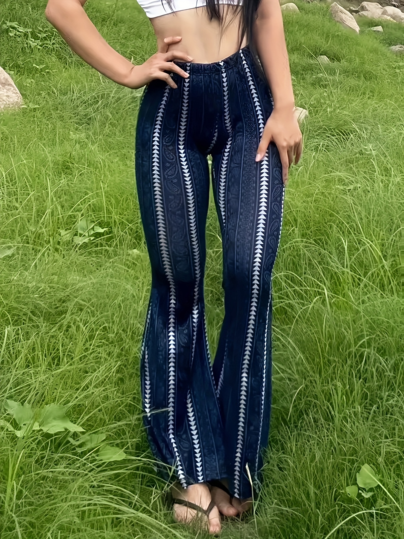 Women'S High-Waisted Stretchy Flared Pants, Featuring a Geometric Print Suitable for All Seasons