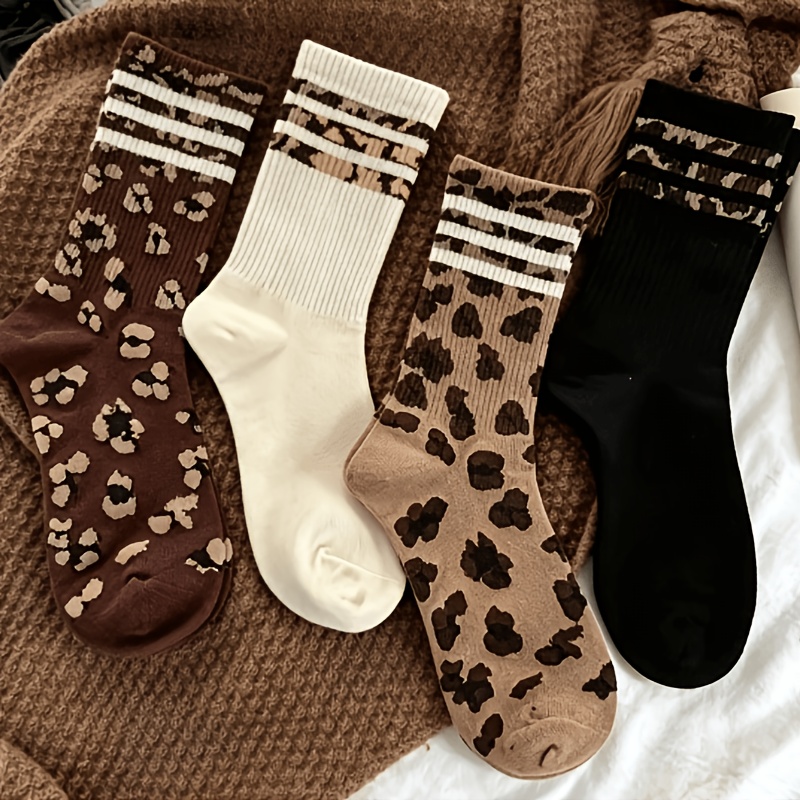 TEMU 4 Pairs Women' Retro Leopard Print & 3-bar Striped Suitable For Shark Pants, Sports, Casual Wear - Hand Washable Versatile Tights For Shark