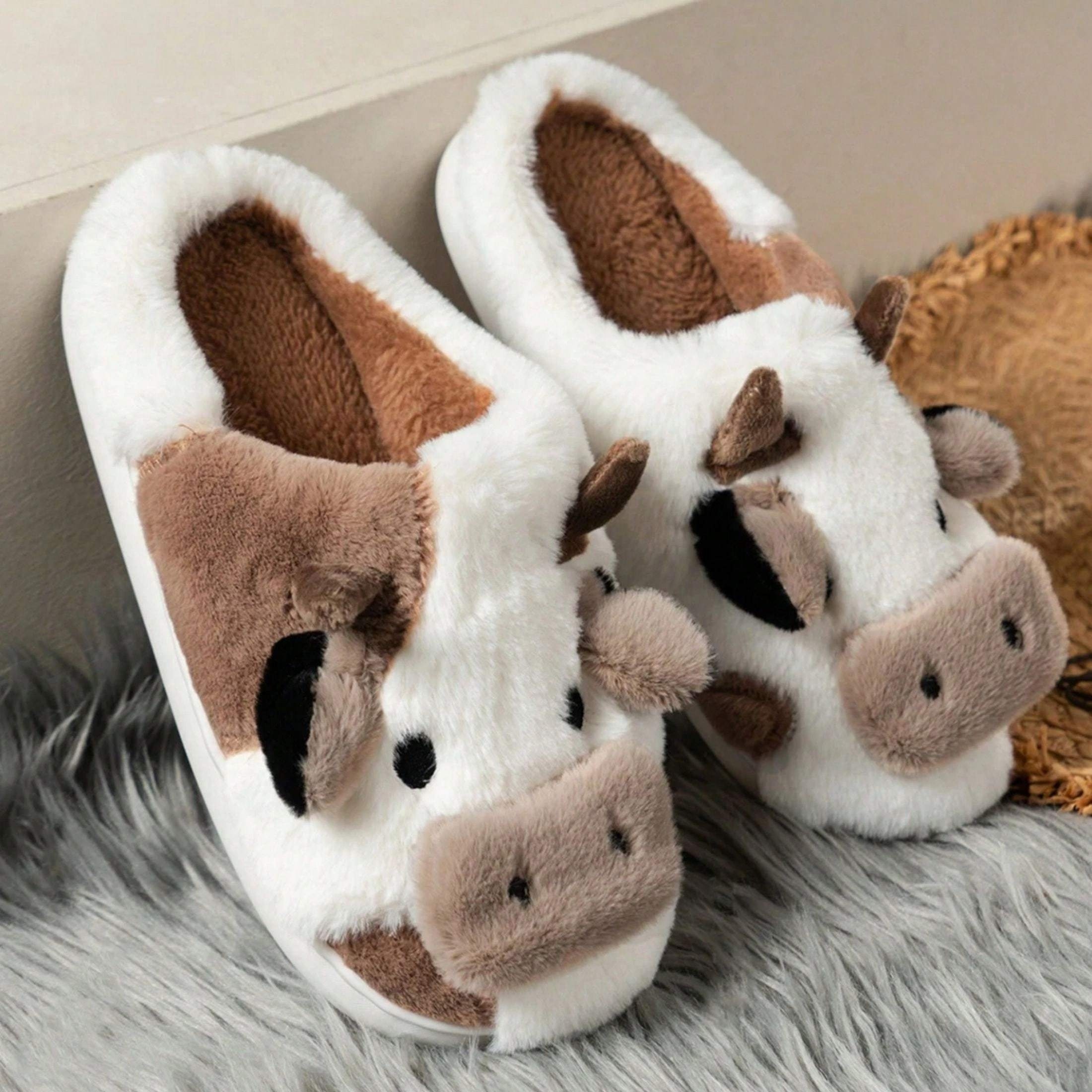 

Cow Slippers For Women, Winter Warm Cozy House Slippers, Fuzzy Plush Animal Slippers, Soft Thick Sole Shoes, Furry Home Slippers For Indoor Outdoor