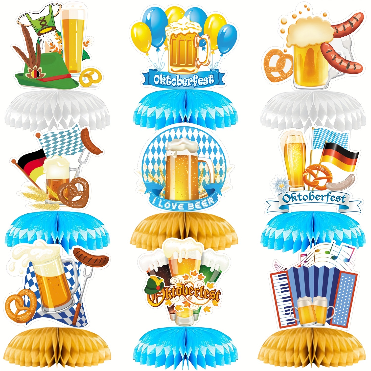 9-pack Oktoberfest Honeycomb Centerpieces - German Beer Festival Table Decorations, Paper 3d For Celebrations, Carnivals - Universal Themed Party Supplies Without Electricity